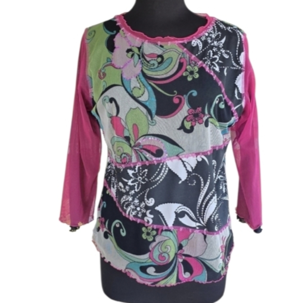 Euro Mesh Vintage Gabby D XL Pink & Black Top Baddie Floral Women's Blouse